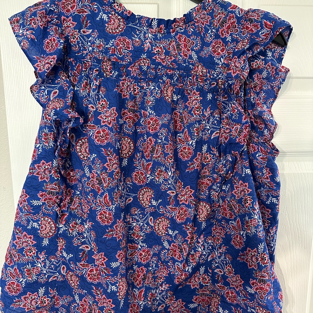 LOFT Blue Flutter-Sleeve Blouse with Floral Print